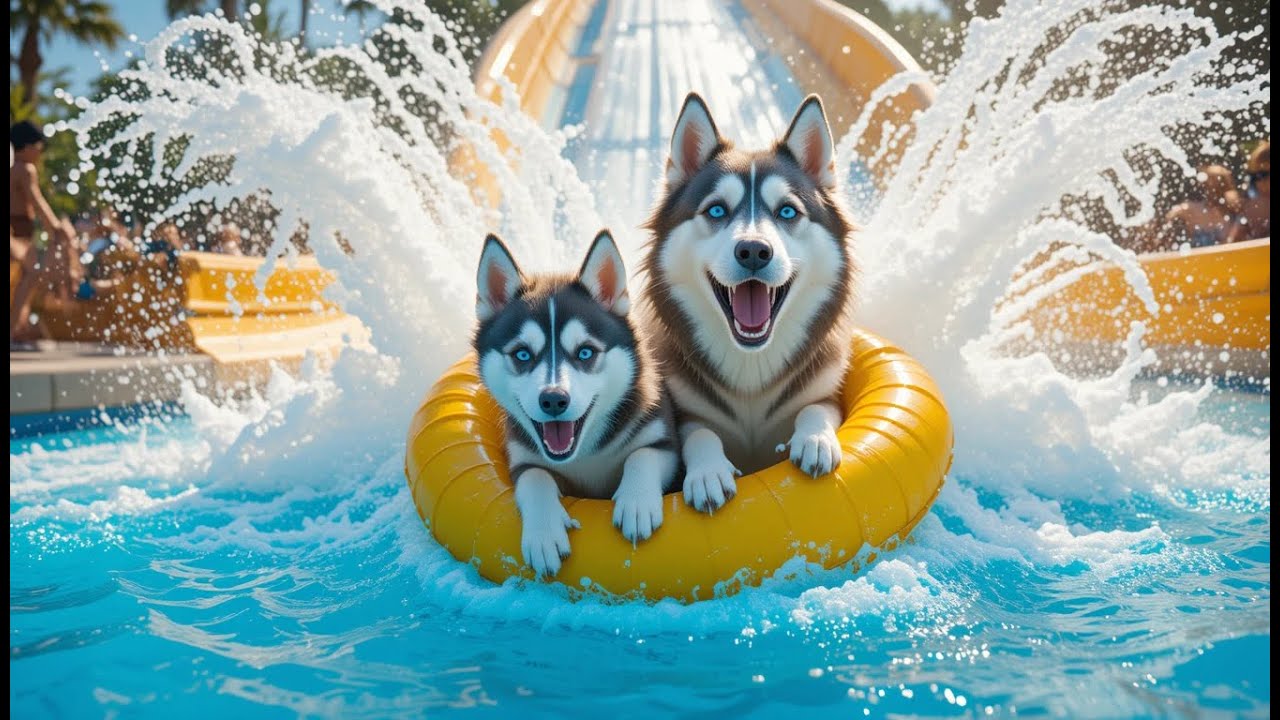 Adorable cute dog Husky waterpark adventure | ai dog video 