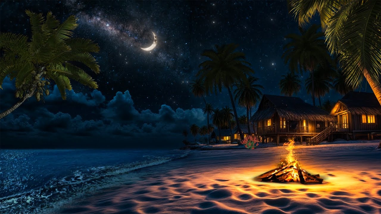 🌙🔥 Night Beach Campfire ASMR | Gentle Ocean Waves & Crackling Fire for Sleep & Relaxing Vacation