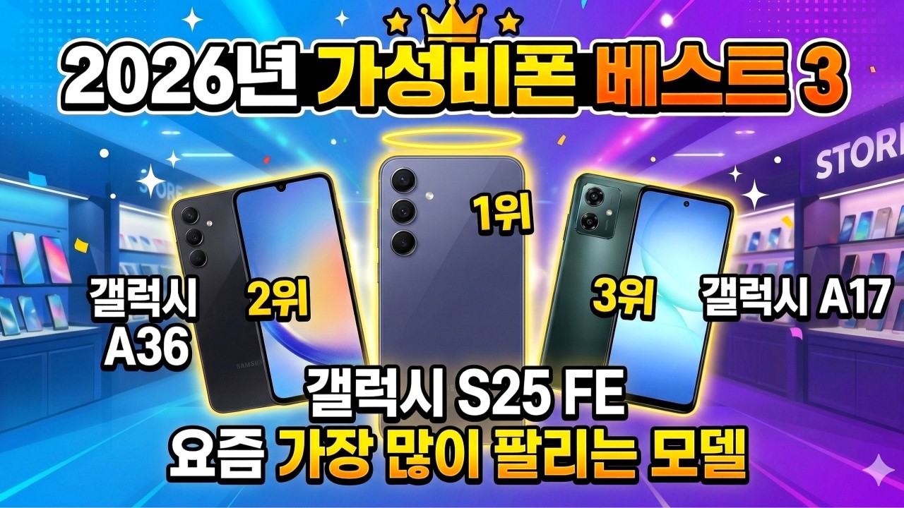 가성비폰 추천 BEST3 요즘 가장 많이 팔리는 모델 │ 갤럭시 A17 · 갤럭시 A36 · 갤럭시 S25 FE