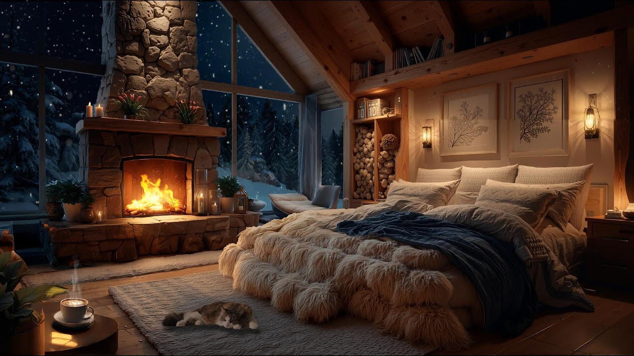 Silent Winter Cabin Ambience ❄️🔥 Cozy Crackling Fireplace, Snowstorm Outside for Sleep, Relaxation