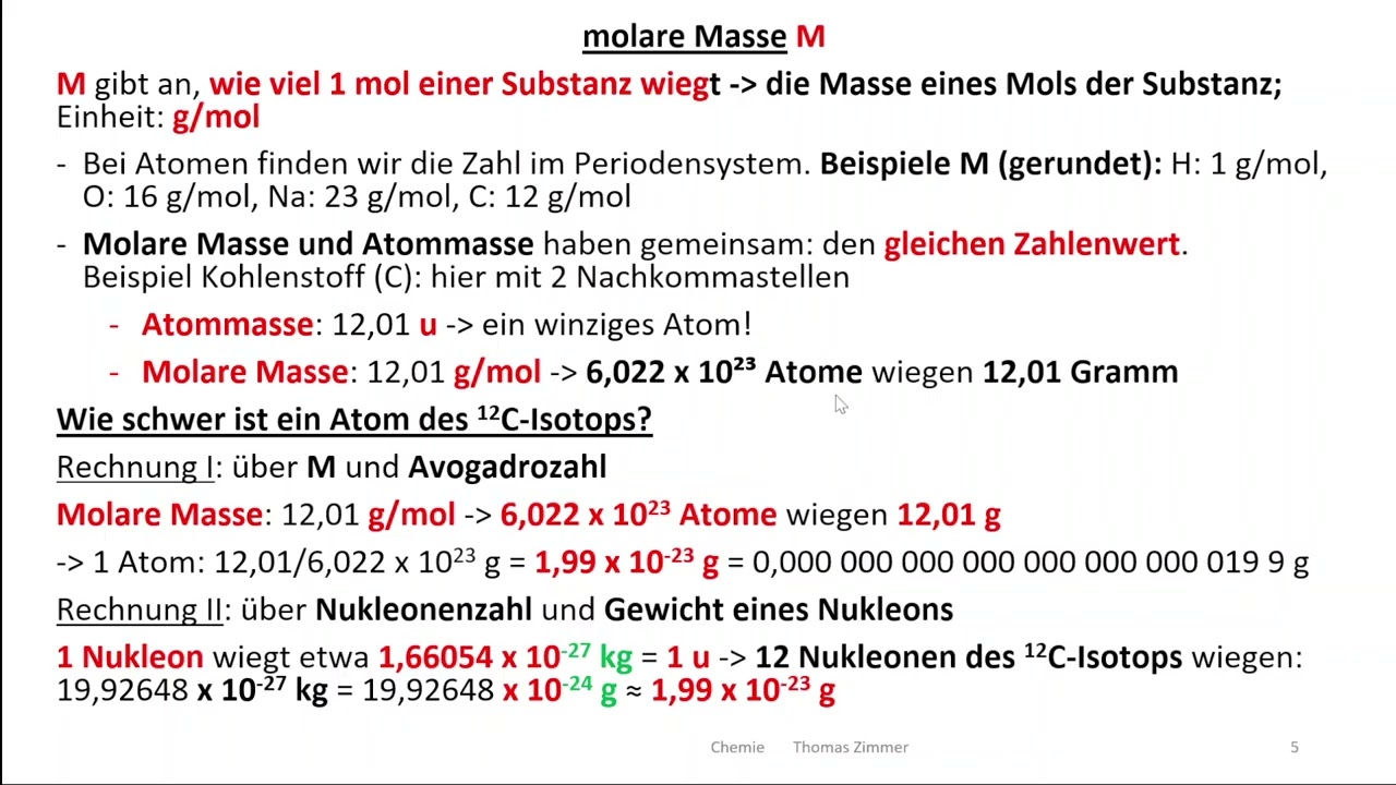 Chemie Sek. I - 59 St&ouml;chiometrie 3 Relative Massen Ar +Mr; Atommasse und Molek&uuml;lmasse; Molare Masse