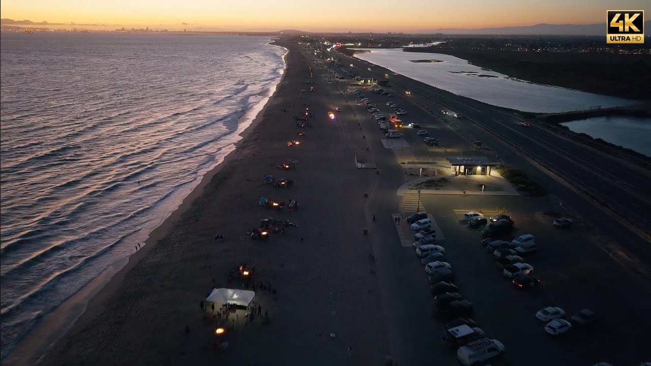 4K Drone at 60fps Footage of Bolsa Chica State Beach Huntington Beach CA July 2025 8 pm Pacific time