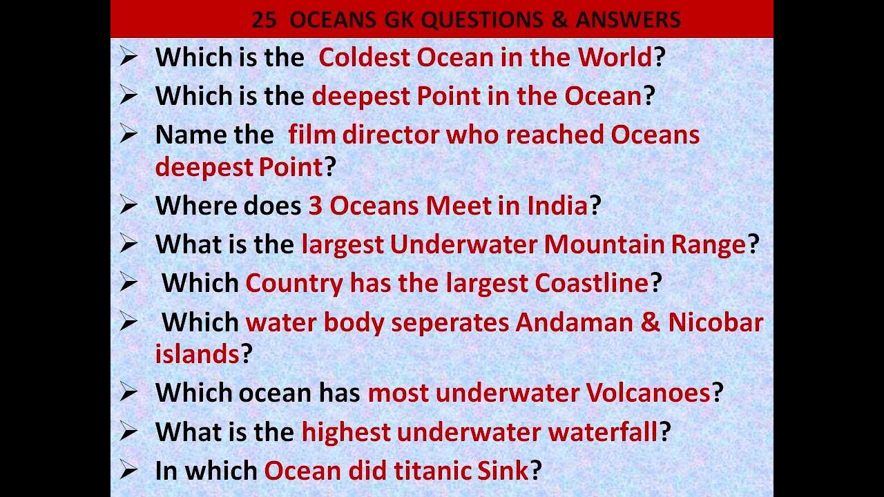25 WORLD OCEANS GK QUESTIONS & ANSWERS | OCEANS QUIZ  -  5  MAJOR OCEANS GK