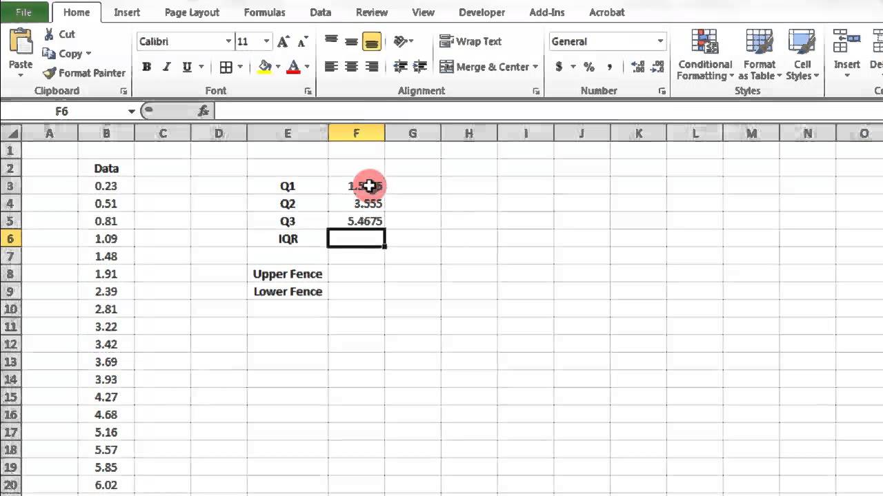 Excel 2010 - Finding the Quartiles, IQR and Upper & Lower fences