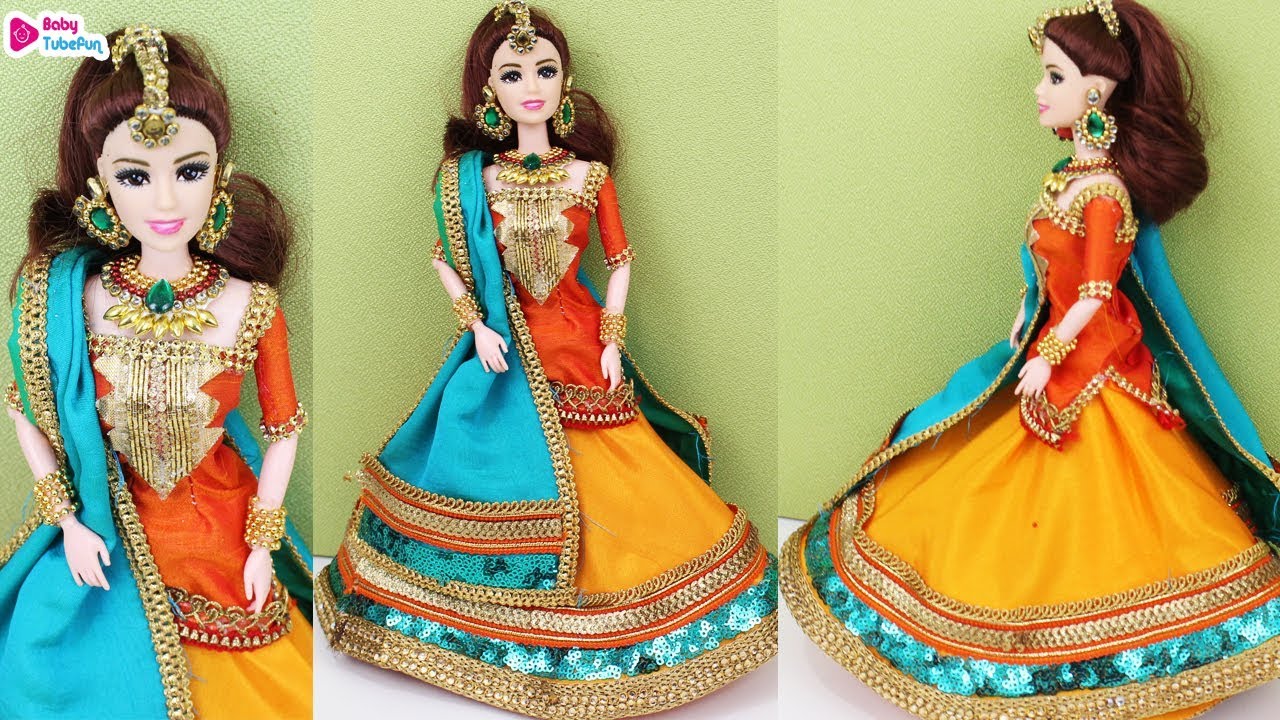 Barbie Doll Lehenga sharara style,  indian bridal doll dress and jewellery
