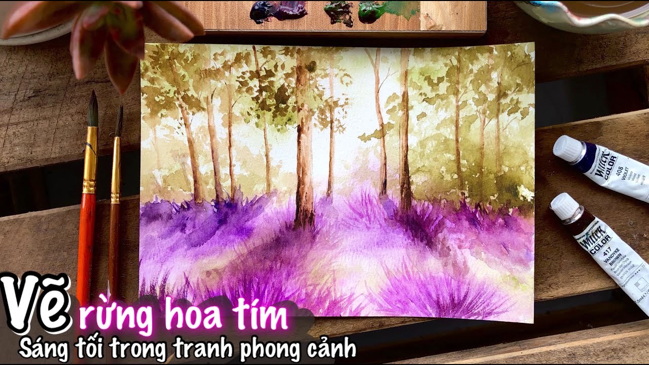 Vẽ cơ bản 4.3: sáng tối cho tranh phong cảnh | vẽ rừng hoa màu tím oải hương | Watercolor tutorial