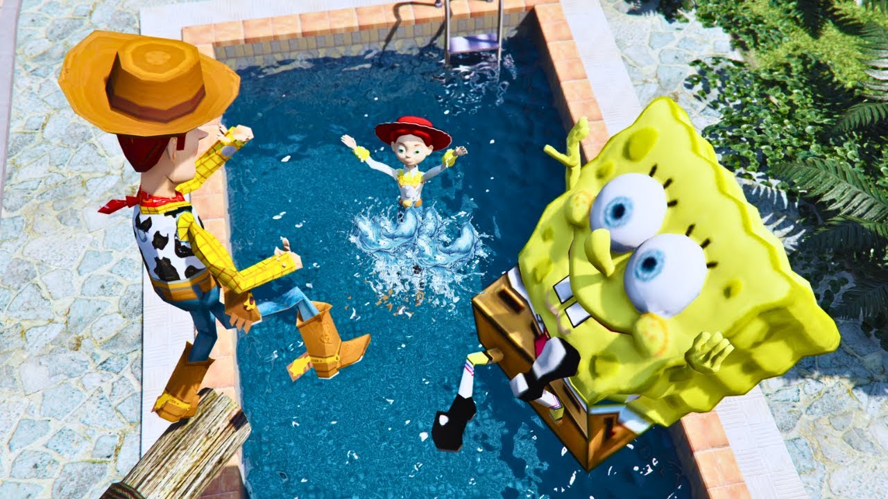 GTA 5 Woody and Jessie [Toy Story] VS Sponge Bob Epic Ragdolls Jumps and Fails