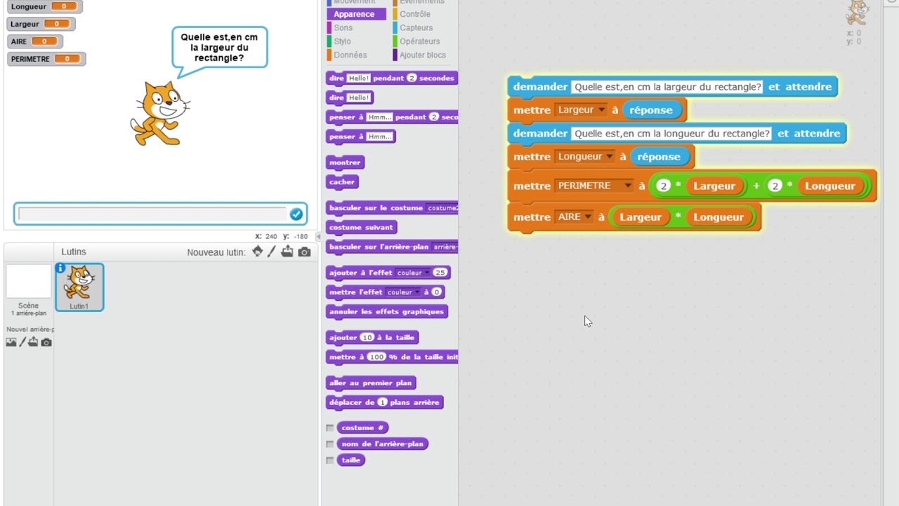 Scratch Calcul du périmètre et de l'aire d'un rectangle