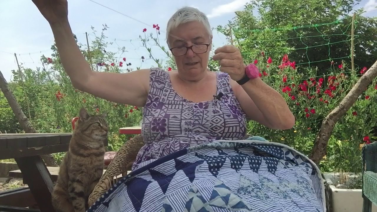 Binding the indigo flying goose quilt in the sunshine