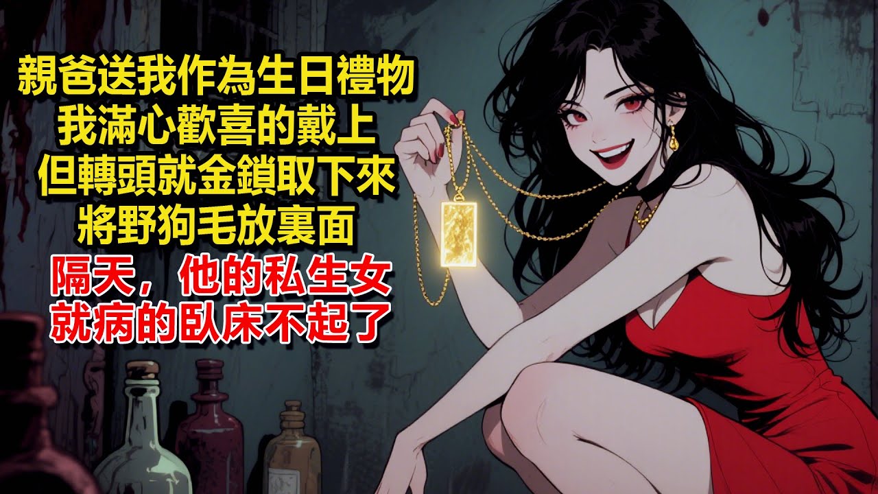 親爸送我一塊特意從東南亞帶回來的金鎖作為生日禮物，我滿心歡喜的戴上，但轉頭就金鎖取下來將裏面的頭髮換成了幾根從路邊野狗身上薅的毛，隔天，他的私生女就病的臥床不起了