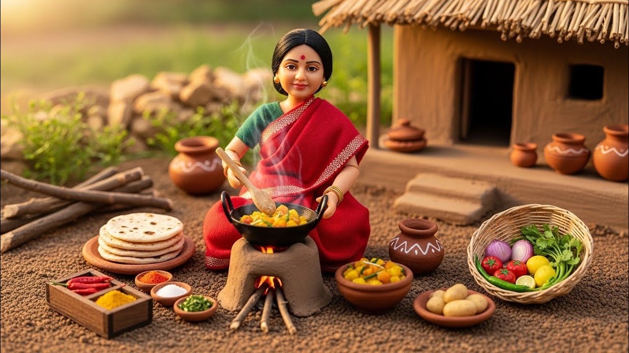 Miniature Doll Makes Soft Paratha & Aloo Sabzi 🫓🥔 | Indian Village Tiny Kitchen ASMR Cooking: