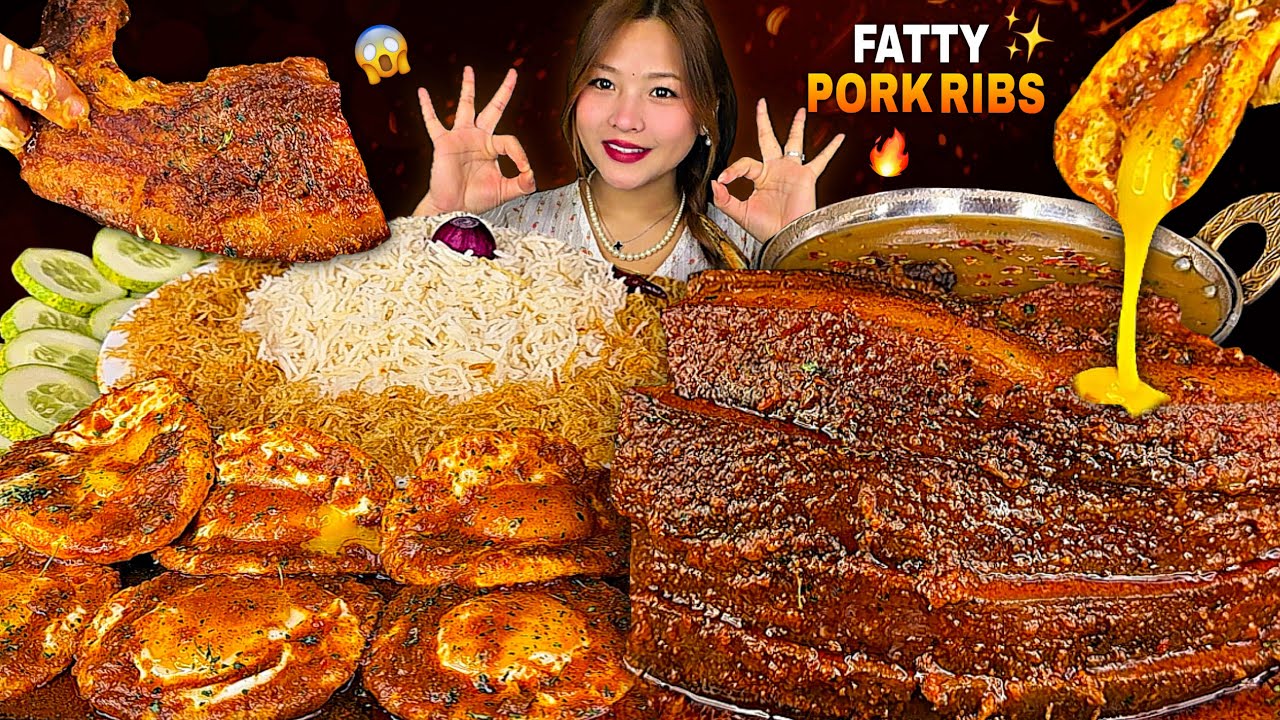 SPICY JUICY FATTY PORK RIBS😱SPICY SUNNY EGG CURRY🔥WITH DAAL BAAT & FRY CHILIES🌶️ | NEPALI MUKBANG |