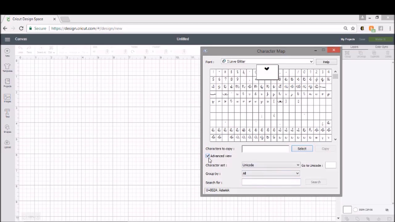 Glyphs and extra characters with your character map - Windows -Cricut Design Space