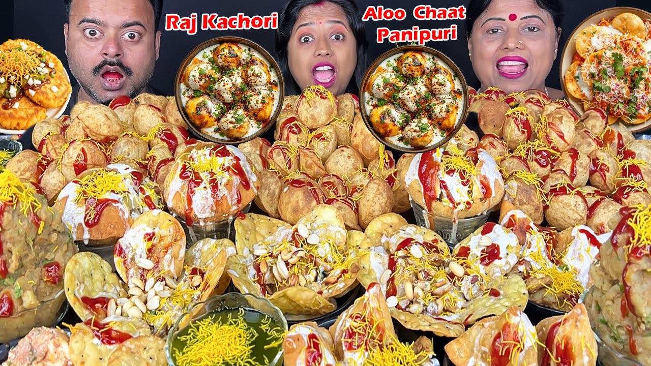 SPICY PANIPURI, SAMOSA ALOO CHAAT, RAJ KACHORI, PAPDI CHAAT EATING CHALLENGE VIRAL VIDEO MUKBANG