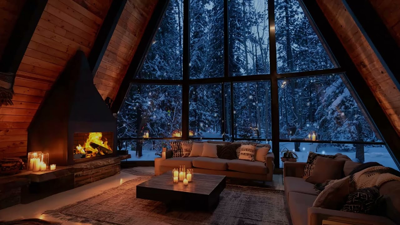 Snowy Cabin Night Ambience | Warm Fireplace Glow and Gentle Snowstorm for Deep Relaxation