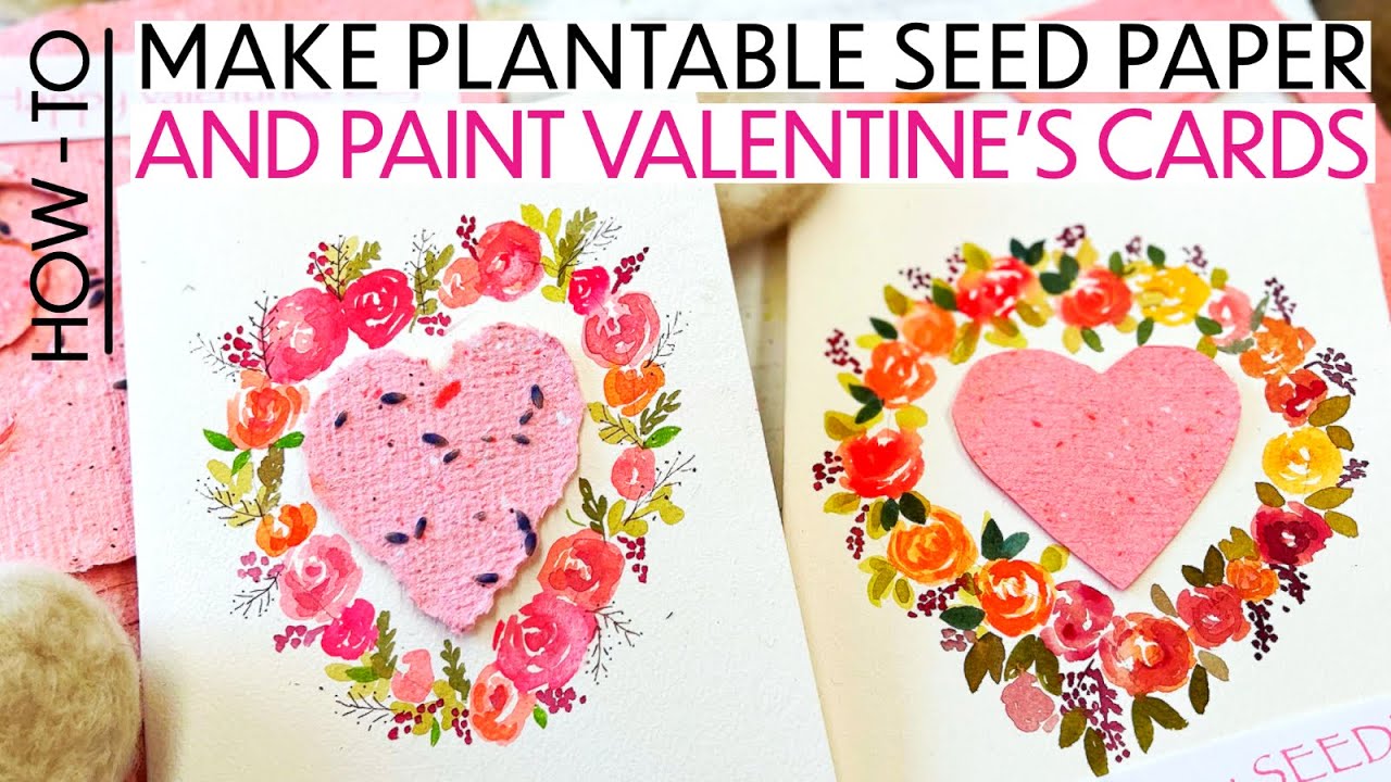 VALENTINES DAY CARD with Watercolor Flowers and Seed Paper Heart - easy real-time art tutorial
