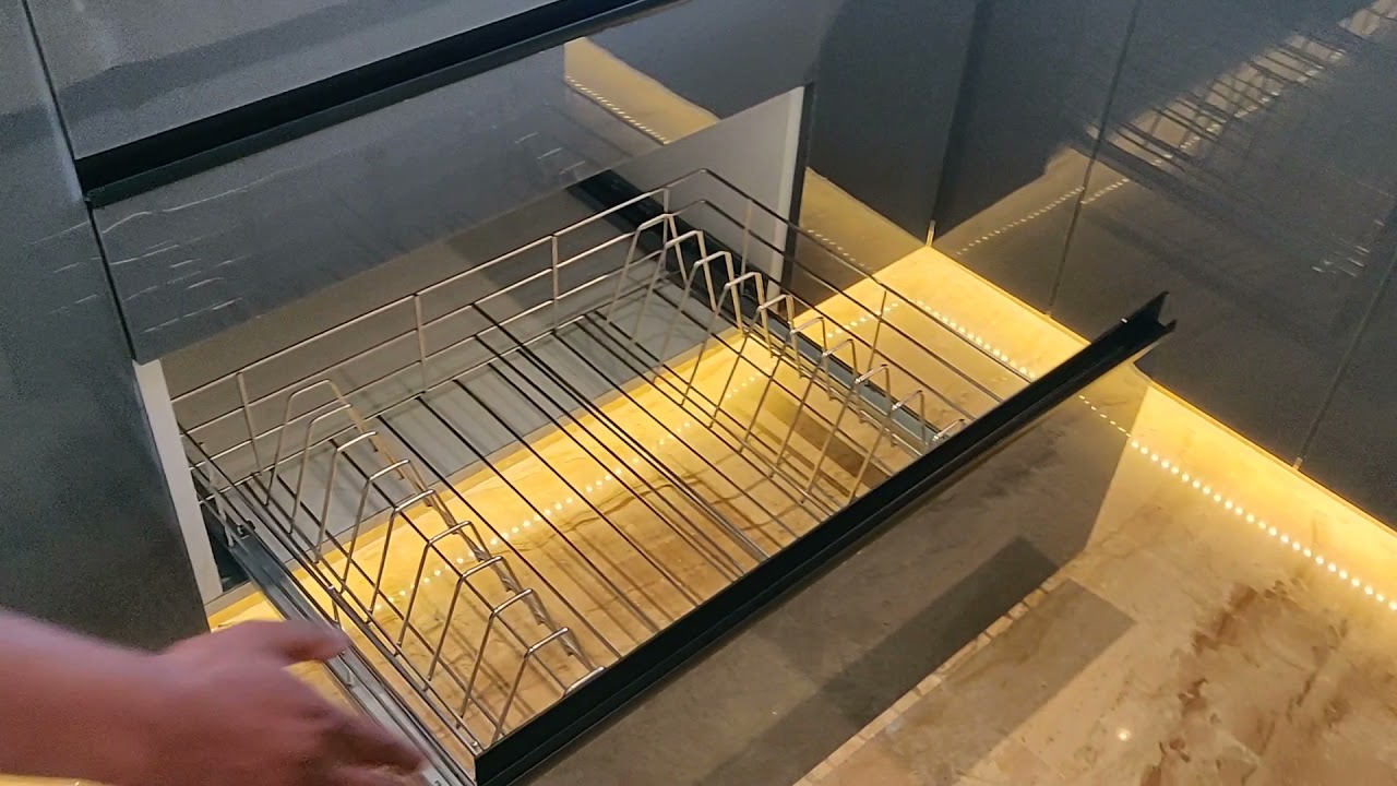 Modular kitchen,white & grey acrylic finish, black profile Aluminium handle, Hafele Blum accessories