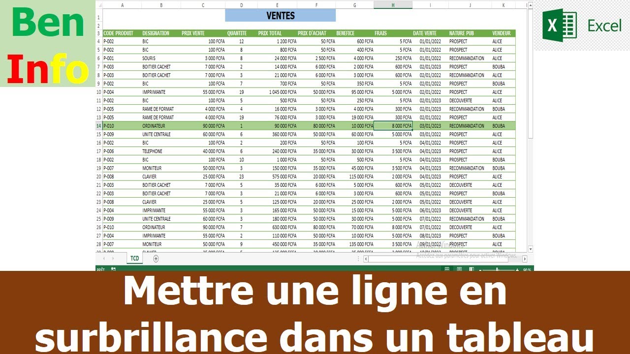 Mettre une ligne en Surbrillance dans un tableau sur Excel
