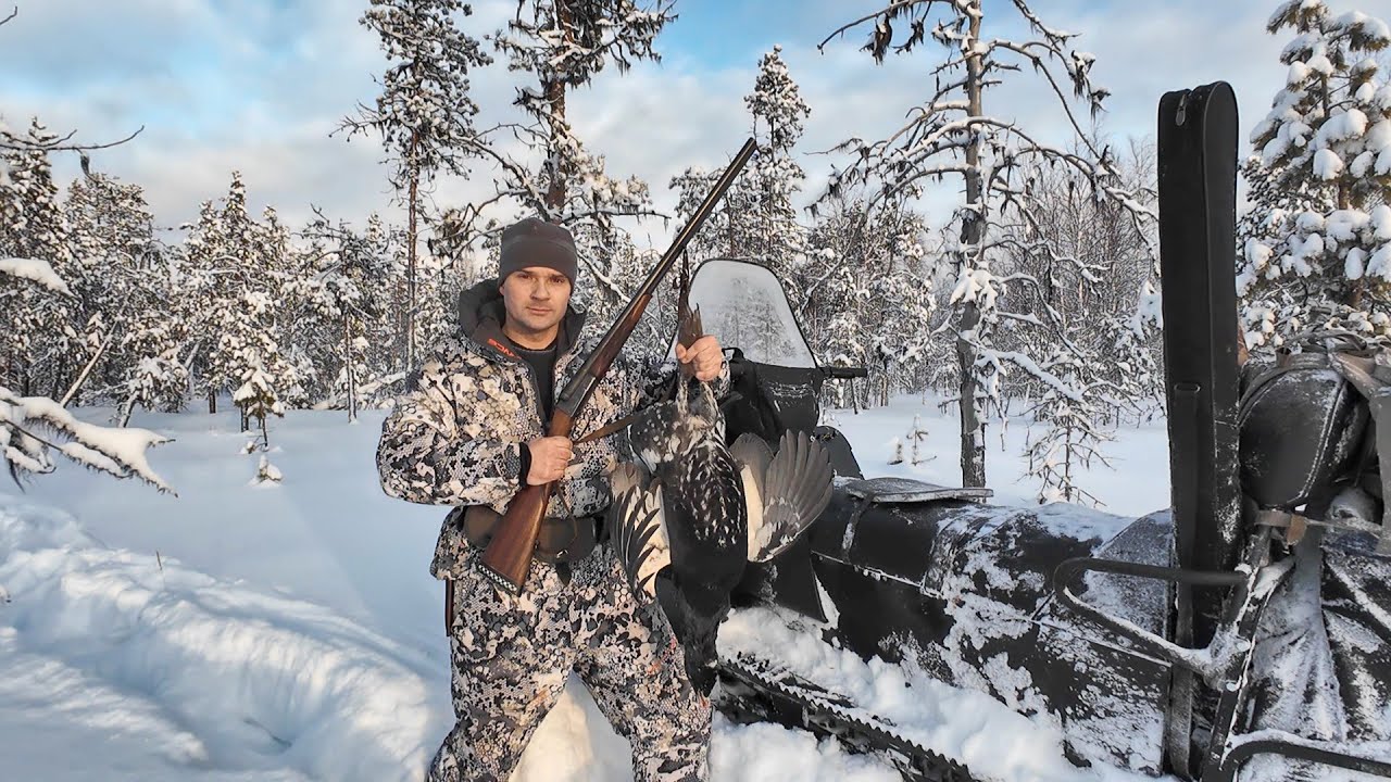 ОХОТА НА ГЛУХАРЯ НА ЛУНКАХ В ГЛУБОКОМ СНЕГУ. ОХОТА С РУЖЬЕМ ИЖ-54 СТРЕЛЬБА В ЛЕТ.