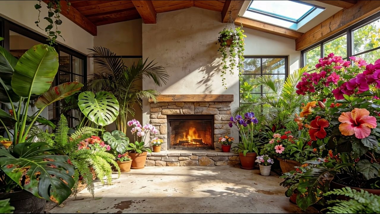 Sunny Indoor Garden Fireplace Ambience | Calm Nature Sounds for Deep Focus, relaxation.