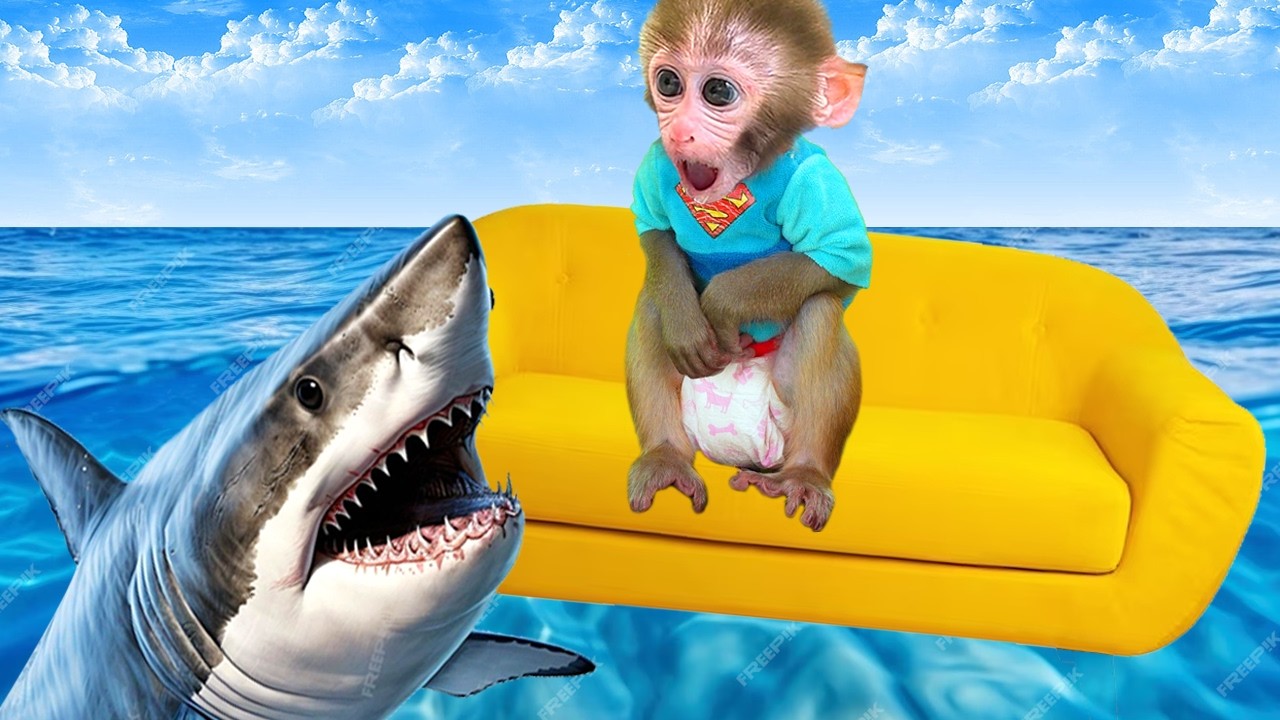 Monkey Baby Bon Bon eat sausage jelly and naughty with ducklings in the swimming pool