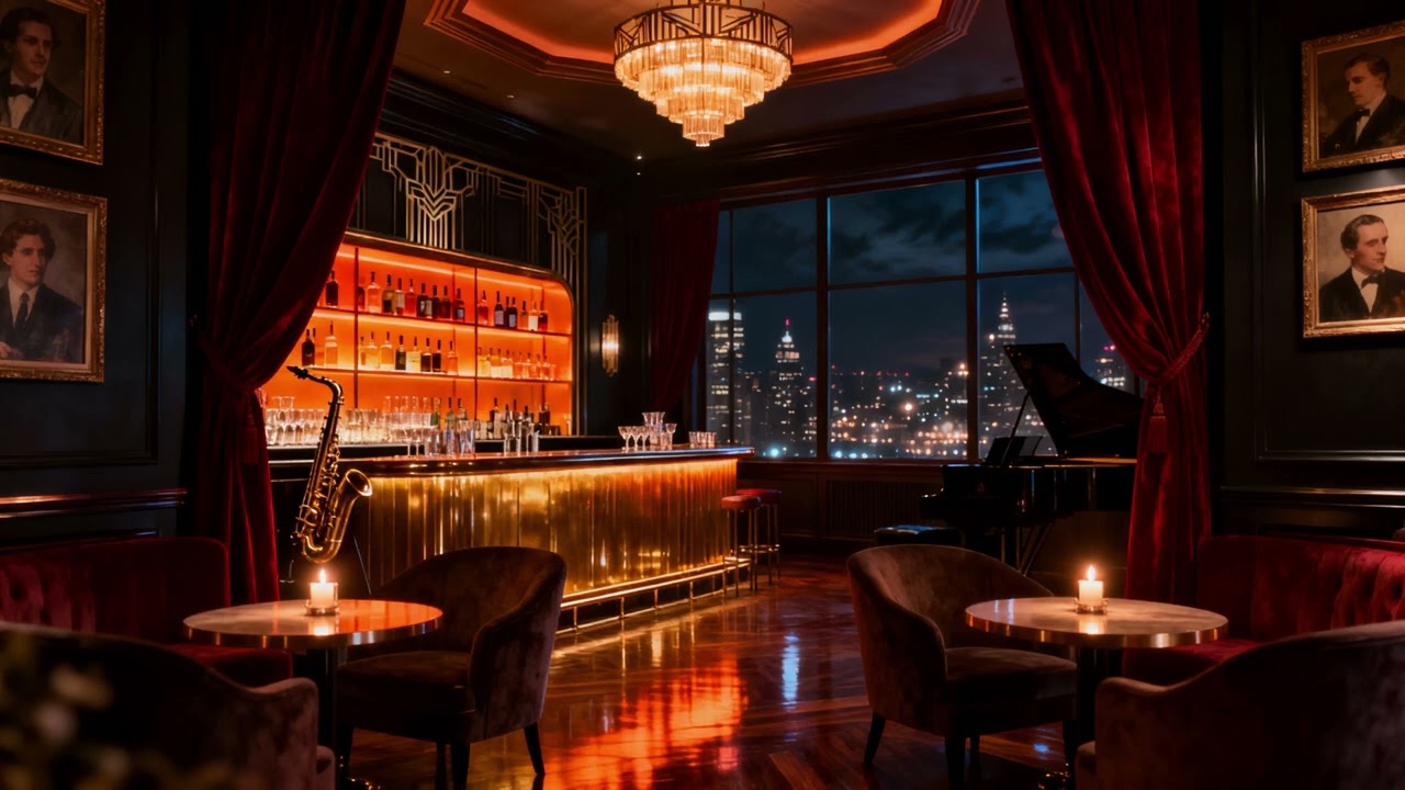 1940 Jazz Night Lounge – Warm Amber Bar, Candlelit Tables & Vintage Mood