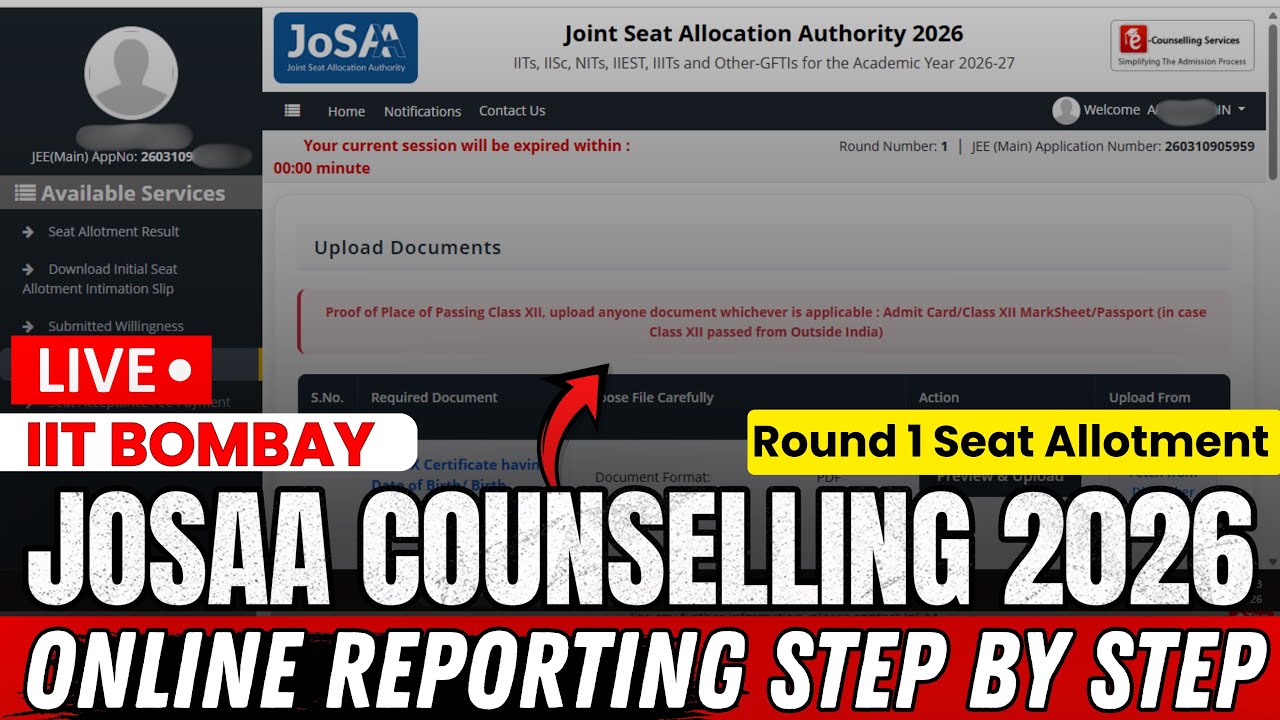 josaa counselling 2026 online reporting step by step process,documents upload & seat acceptance fees