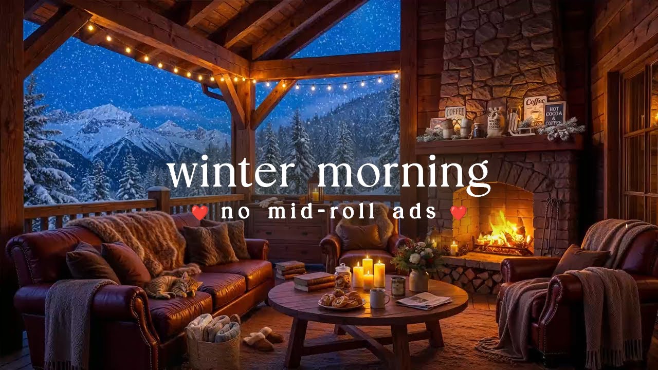 🕯️ Cozy Winter Morning Jazz (NO MID-ROLL ADS) – Soft Fireplace Ambience in the Snow For Study & Work