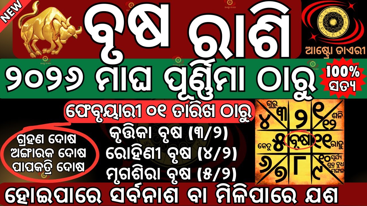 ବୃଷ ରାଶି 2026 ଫେବୃୟାରୀ ମାସ ୦୧ ତାରିଖ ବା ମାଘ ପୂର୍ଣ୍ଣିମା ଠାରୁ ହୋଇପାରେ ସର୍ବନାଶ ବା ମିଳିପାରେ ଯଶ#brusharasi