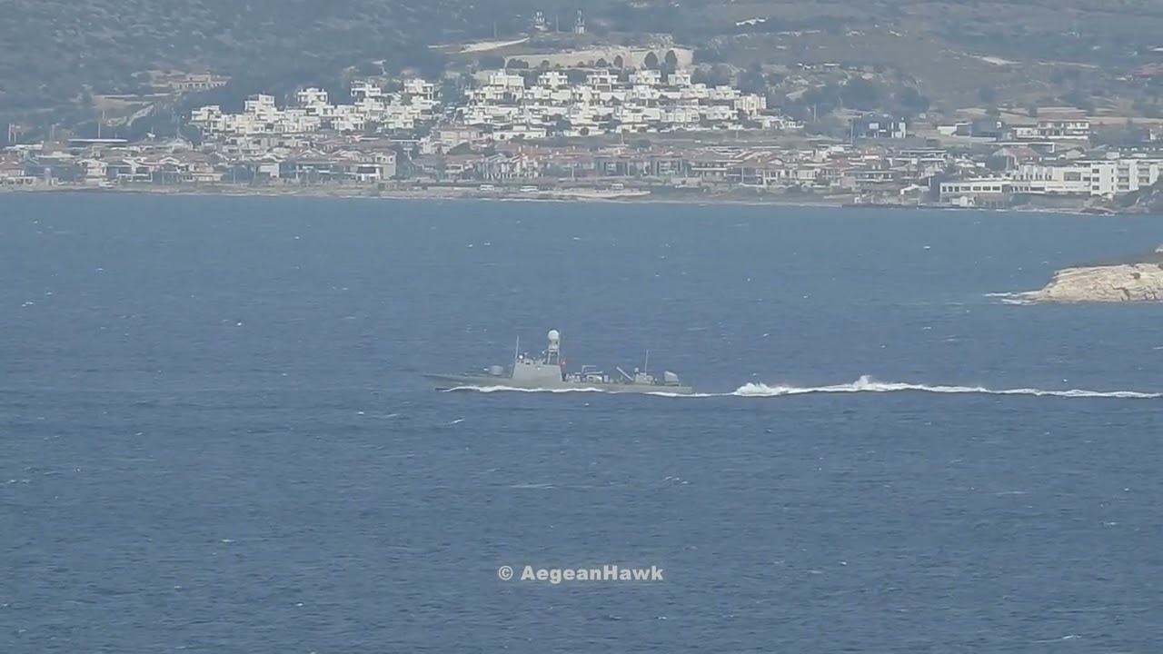 Turkish Navy 9 Fast Attack Missile Boats northbound Chios Strait in east Aegean Sea.