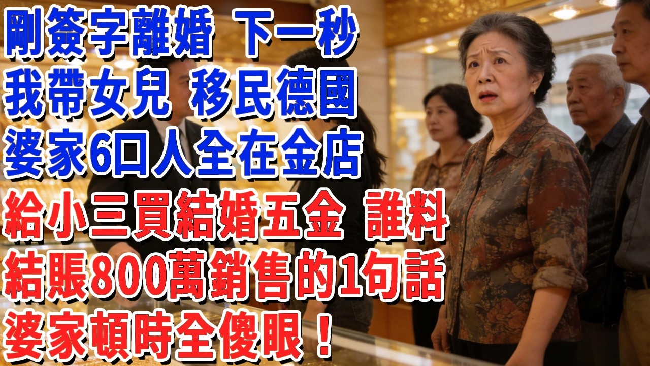 剛簽字離婚 下一秒，我帶女兒 移民德國，婆家6口人全在金店，給小三買結婚五金，誰料 在結賬800萬銷售的一句話，婆家頓時全傻眼！#小娟講故事 #情感故事 #老年生活