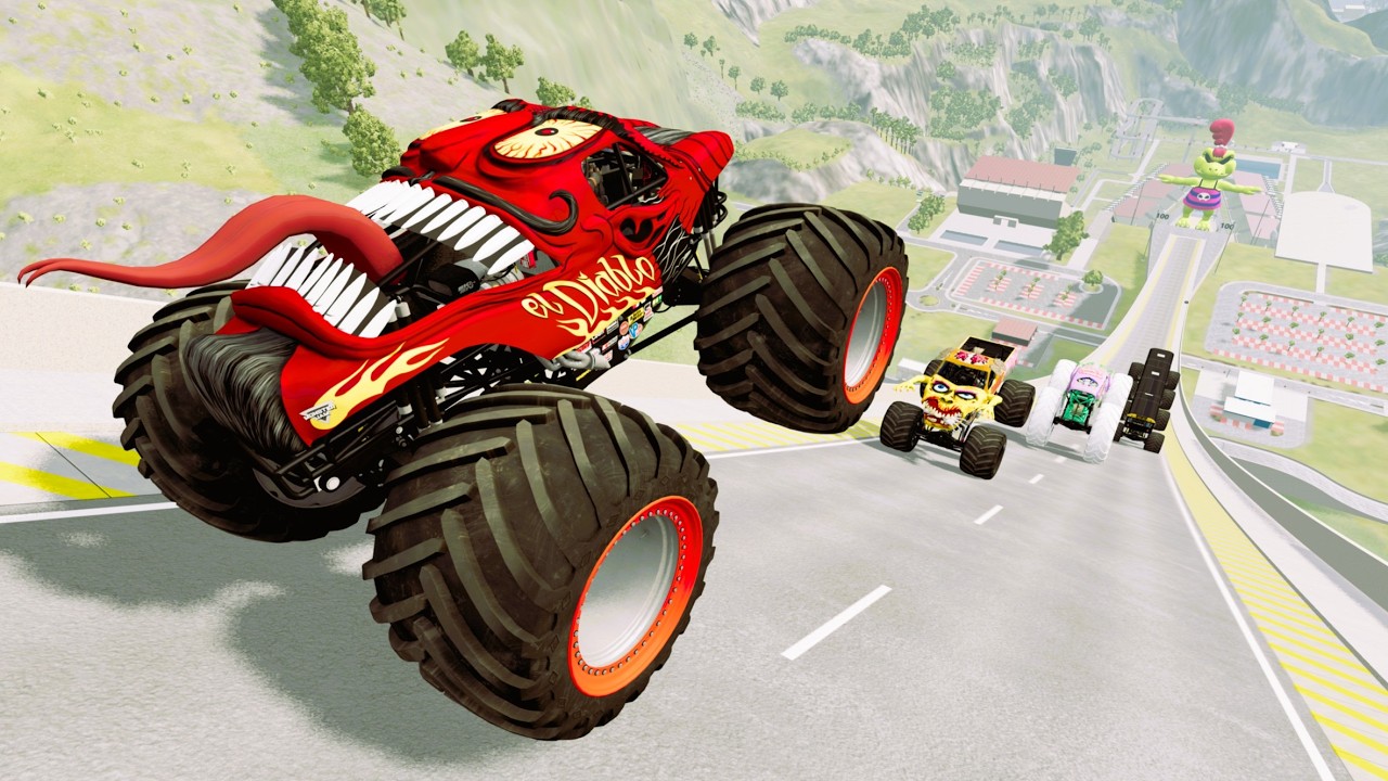 Epic High Speed Monster trucks jumps stunts & RMD random car #07 | BEAMNG Drive