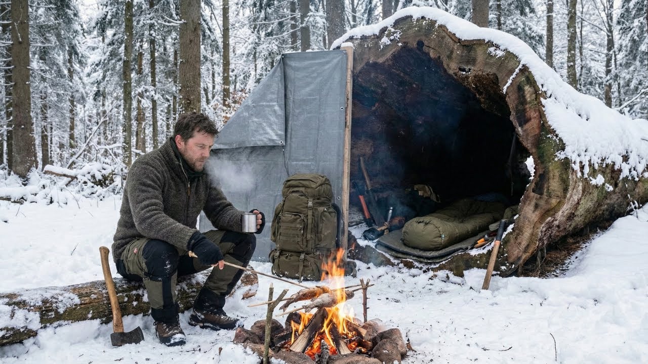 This man Built a HIDDEN TREE HOUSE deep in the Snowy Forest — Building a house in the forest (ASMR)
