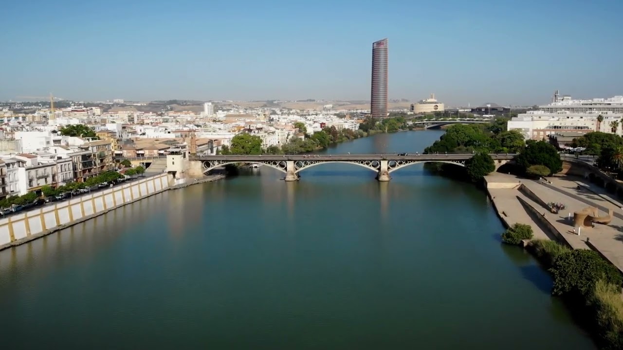 aerial view of triana bridge in seville spain rd
