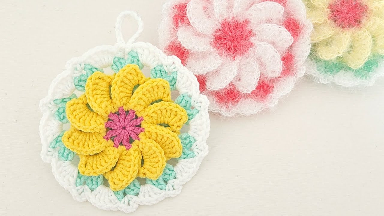 수세미뜨기/ 빙글이꽃 평면수세미  Crochet  flower dish scrubby