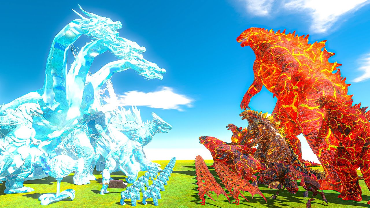 Team Ice + King Ghidorah VS Thermo Godzilla + Team Fire - Animal Revolt Battle Simulator