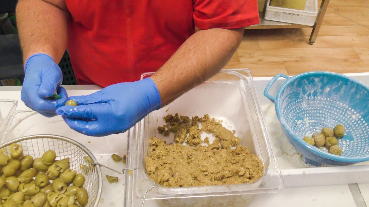 Fried Stuffed Olives. Detailed Preparation. Italian Street Food. Olive Ascolane
