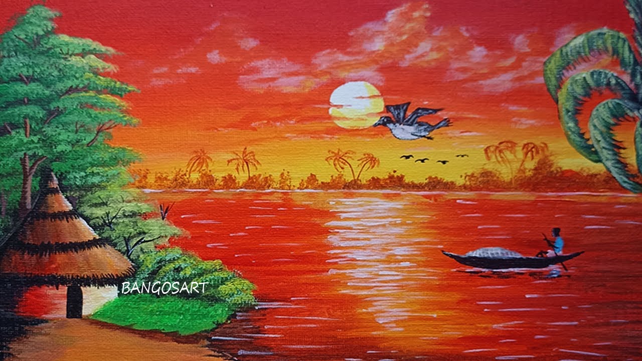 Case au bord d'une Rivière  - Peinture acrylique facile Pour débutants - Bangos Art