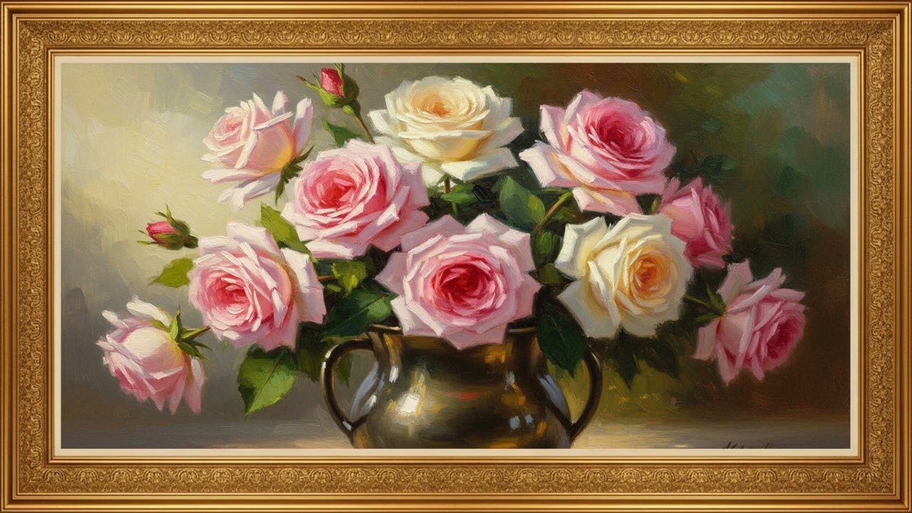 Classic Rose Vase Painting | Peaceful Gallery Art Viewing