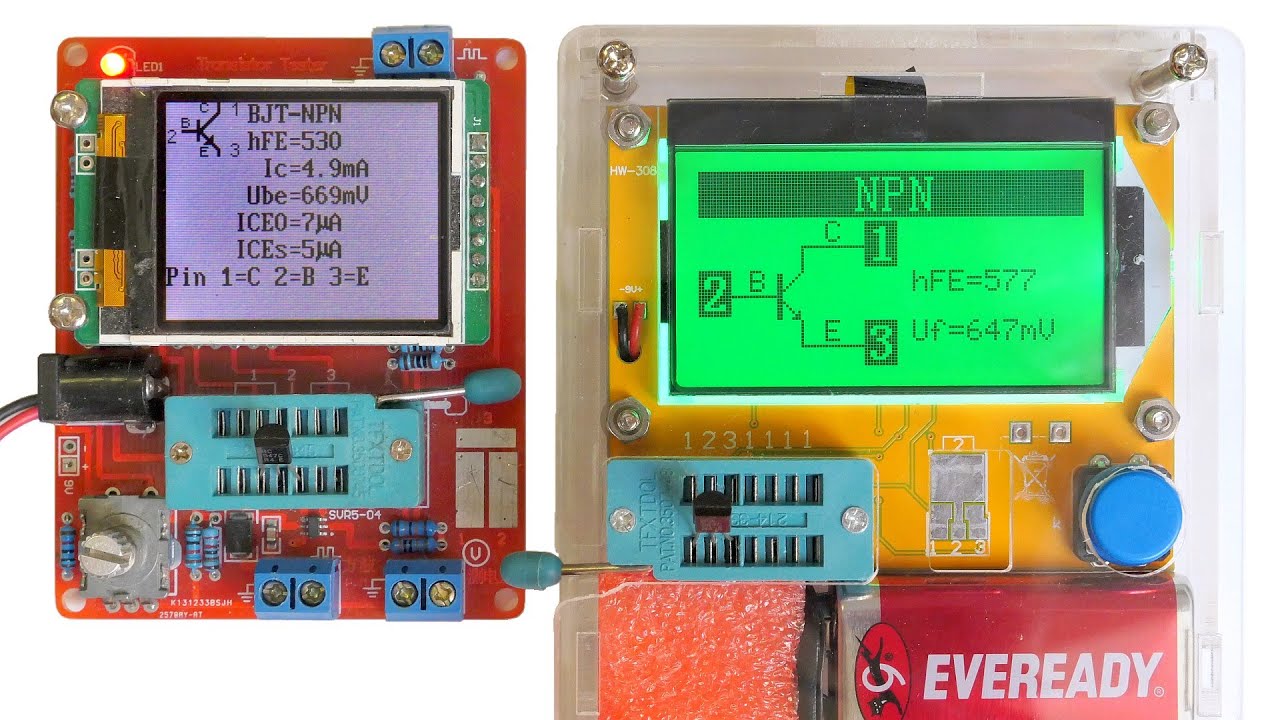 Transistor tester comparison, test and box assembly