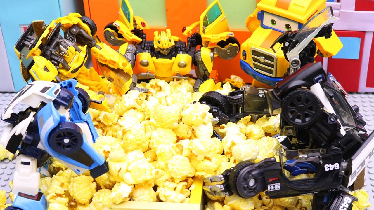 Bumblebee, Tobot Robot Stop motion Police Car Pretend Play with popcorn!