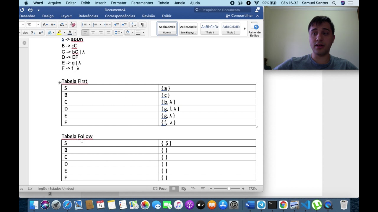 Tabelas First e Follow de uma gramática LL(1). Análise sintática, disciplina de compiladores.