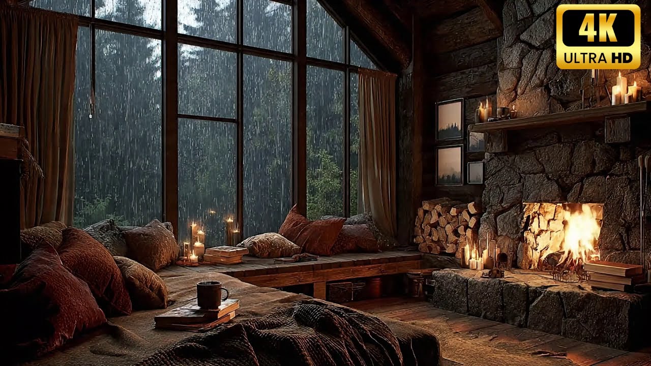 Cozy Rainy Cabin Fireplace 🔥🌧️ | Smooth Jazz Instrumental ASMR for Sleep & Relax