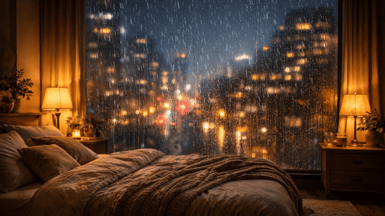 Cozy Rainy Bedroom Night – Gentle Rain & City Lights Ambience for Sleep, Study & Deep Relaxation
