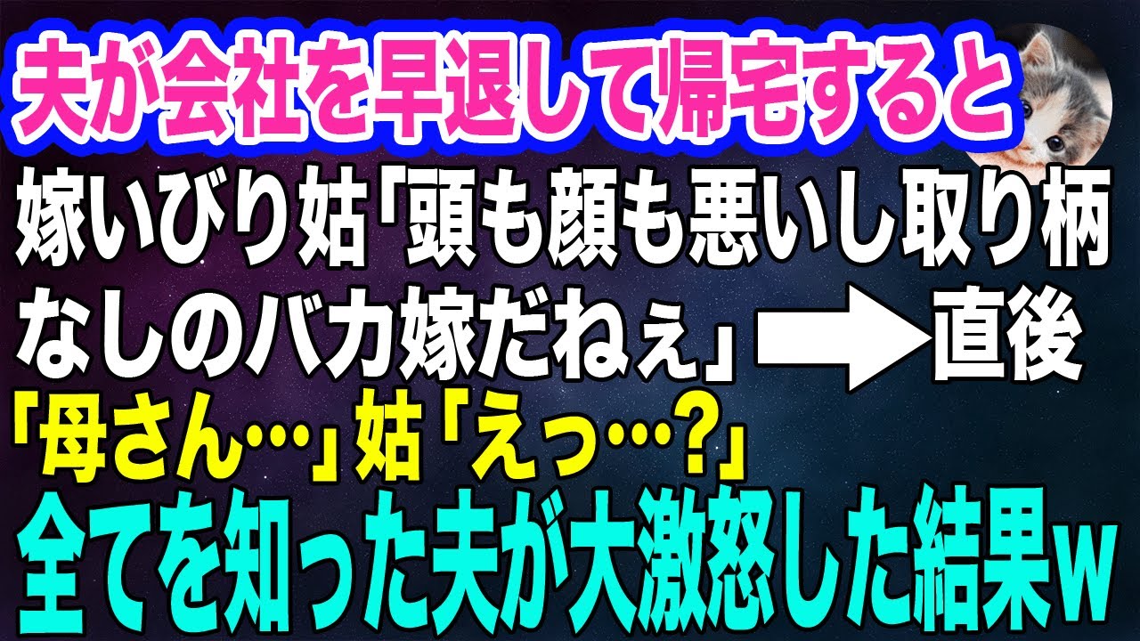 夫が会社を早退して帰宅すると嫁いびり大好き姑「頭も顔も悪いし取り柄なしのバカ嫁ねぇ」→直後「母さん…」姑「えっ？」全てを知った夫が大激怒した結果ｗ【スカッとする話】