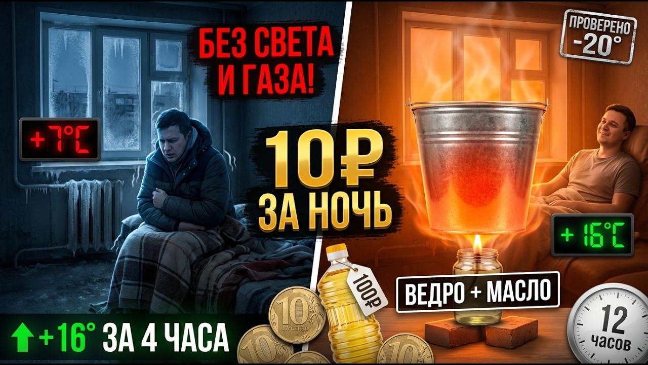 10₽ за НОЧЬ тепла! Ведро + масло = +16° БЕЗ света. ЧТО ДЕЛАТЬ, ЕСЛИ ОТКЛЮЧИЛИ ОТОПЛЕНИЕ