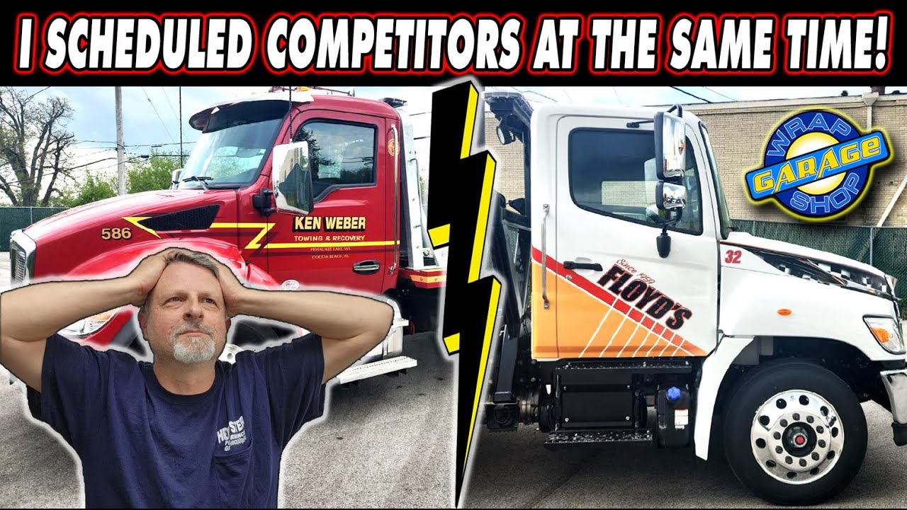 Uh oh! Competing Tow Companies - 2 Flatbeds in this video #vinylwrap #bigrig #towtruck