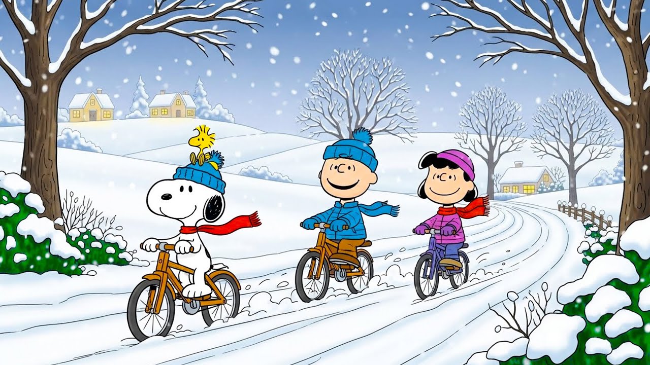 Snoopy, Charlie Brown & Friends Cycling in Snow ❄️🎶 Chill Lofi Ambience for Peace & Focus