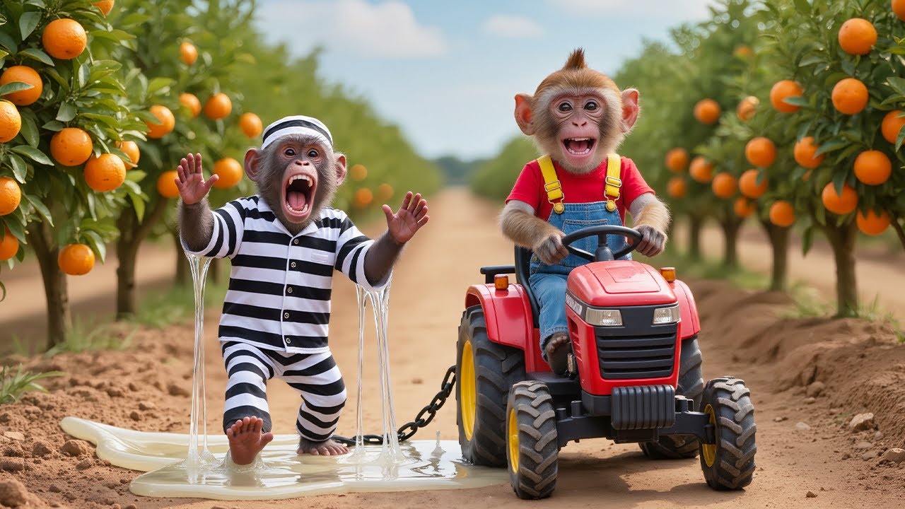 Monkey NaNa Harvests Oranges, Spots a Thief Stealing His Tractor —But His Smart Move Saves the Day!