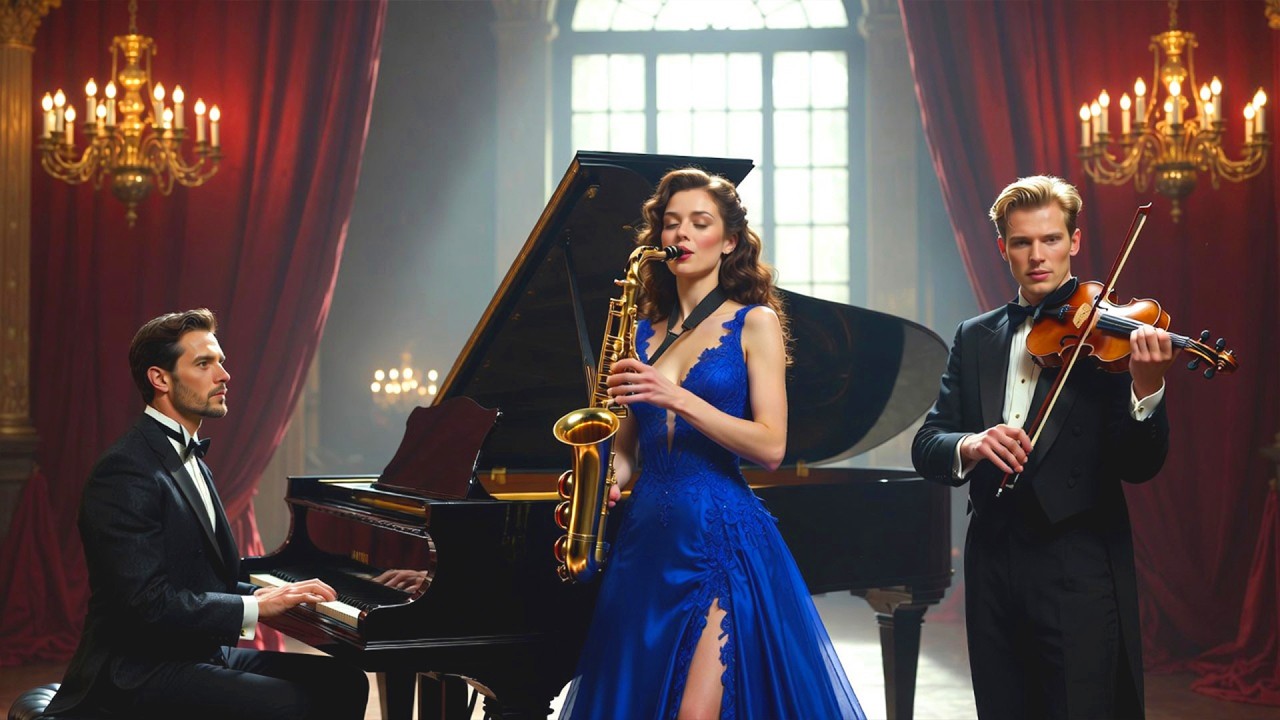 Candlelight Romance in Grand Hall – Romantic Saxophone, Violin & Piano Music for Relaxation & Sleep